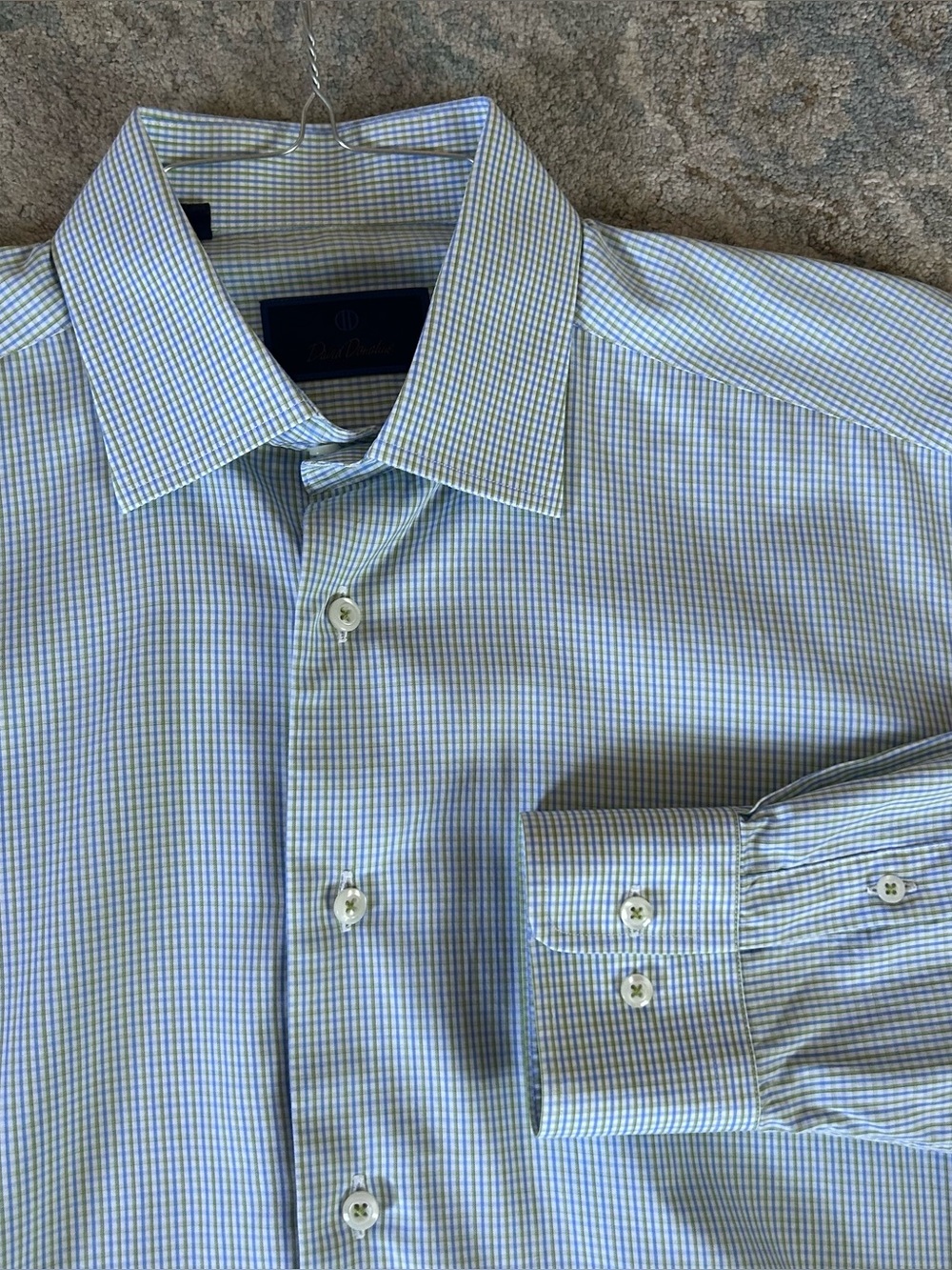 David Donahue Light Blue Green Check Dress Shirt 16.5/34-35